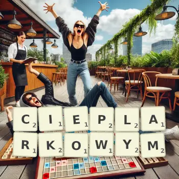 Kreatywna ilustracja do gry w Scrabble ze słowem CIEPLARKOWYM ułożonym z płytek na planszy.