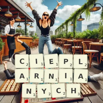 Kreatywna ilustracja do gry w Scrabble ze słowem CIEPLARNIANYCH ułożonym z płytek na planszy.