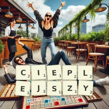 Kreatywna ilustracja do gry w Scrabble ze słowem CIEPLEJSZY ułożonym z płytek na planszy.