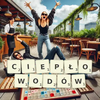 Kreatywna ilustracja do gry w Scrabble ze słowem CIEPŁOWODÓW ułożonym z płytek na planszy.