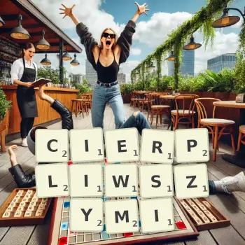 Kreatywna ilustracja do gry w Scrabble ze słowem CIERPLIWSZYMI ułożonym z płytek na planszy.