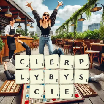 Kreatywna ilustracja do gry w Scrabble ze słowem CIERPLYBYSCIE ułożonym z płytek na planszy.