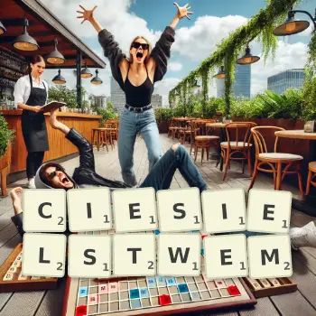 Kreatywna ilustracja do gry w Scrabble ze słowem CIESIELSTWEM ułożonym z płytek na planszy.