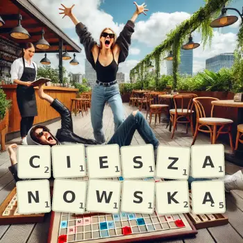 Kreatywna ilustracja do gry w Scrabble ze słowem CIESZANOWSKĄ ułożonym z płytek na planszy.
