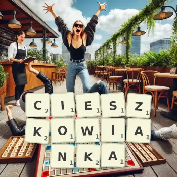 Kreatywna ilustracja do gry w Scrabble ze słowem CIESZKOWIANKA ułożonym z płytek na planszy.