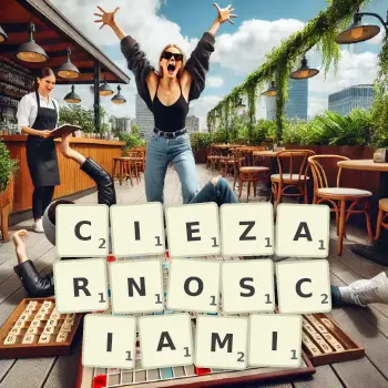 Kreatywna ilustracja do gry w Scrabble ze słowem CIEZARNOSCIAMI ułożonym z płytek na planszy.