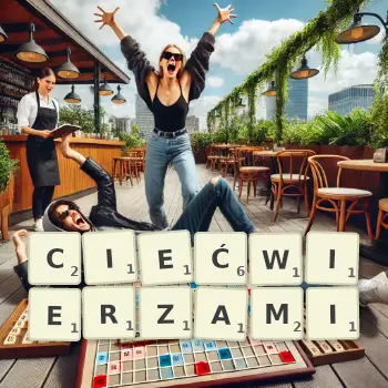 Kreatywna ilustracja do gry w Scrabble ze słowem CIEĆWIERZAMI ułożonym z płytek na planszy.