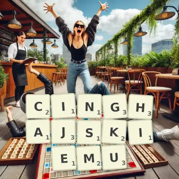 Kreatywna ilustracja do gry w Scrabble ze słowem CINGHAJSKIEMU ułożonym z płytek na planszy.