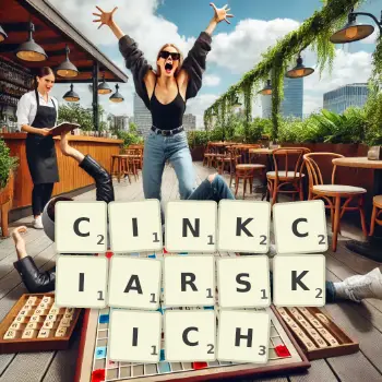Kreatywna ilustracja do gry w Scrabble ze słowem CINKCIARSKICH ułożonym z płytek na planszy.