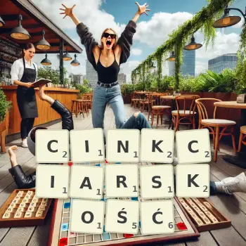 Kreatywna ilustracja do gry w Scrabble ze słowem CINKCIARSKOŚĆ ułożonym z płytek na planszy.