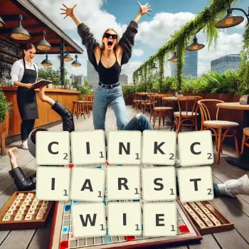 Kreatywna ilustracja do gry w Scrabble ze słowem CINKCIARSTWIE ułożonym z płytek na planszy.