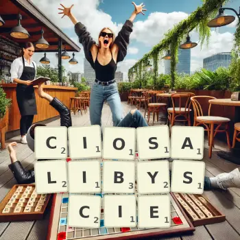 Kreatywna ilustracja do gry w Scrabble ze słowem CIOSALIBYSCIE ułożonym z płytek na planszy.