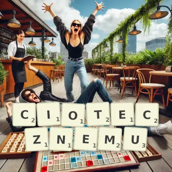 Kreatywna ilustracja do gry w Scrabble ze słowem CIOTECZNEMU ułożonym z płytek na planszy.