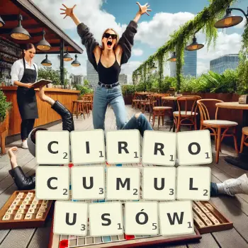 Kreatywna ilustracja do gry w Scrabble ze słowem CIRROCUMULUSÓW ułożonym z płytek na planszy.