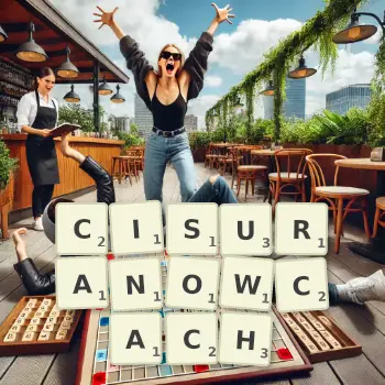 Kreatywna ilustracja do gry w Scrabble ze słowem CISURANOWCACH ułożonym z płytek na planszy.