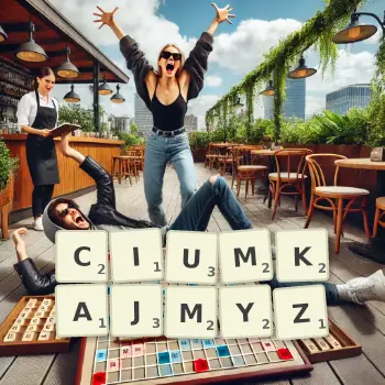 Kreatywna ilustracja do gry w Scrabble ze słowem CIUMKAJMYZ ułożonym z płytek na planszy.