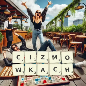 Kreatywna ilustracja do gry w Scrabble ze słowem CIZMOWKACH ułożonym z płytek na planszy.