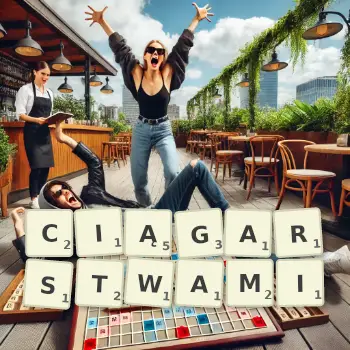 Kreatywna ilustracja do gry w Scrabble ze słowem CIĄGARSTWAMI ułożonym z płytek na planszy.