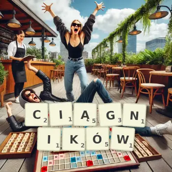 Kreatywna ilustracja do gry w Scrabble ze słowem CIĄGNIKÓW ułożonym z płytek na planszy.