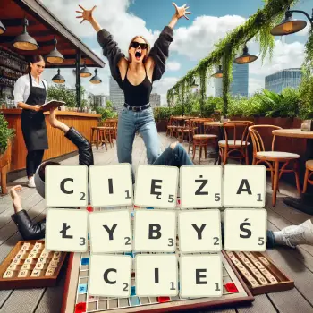 Kreatywna ilustracja do gry w Scrabble ze słowem CIĘŻAŁYBYŚCIE ułożonym z płytek na planszy.