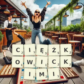 Kreatywna ilustracja do gry w Scrabble ze słowem CIĘŻKOWICKIMI ułożonym z płytek na planszy.