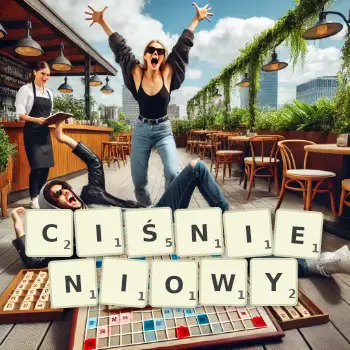 Kreatywna ilustracja do gry w Scrabble ze słowem CIŚNIENIOWY ułożonym z płytek na planszy.
