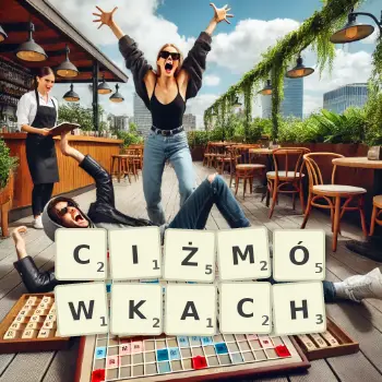 Kreatywna ilustracja do gry w Scrabble ze słowem CIŻMÓWKACH ułożonym z płytek na planszy.