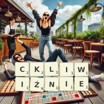 Kreatywna ilustracja do gry w Scrabble ze słowem CKLIWIŹNIE ułożonym z płytek na planszy.