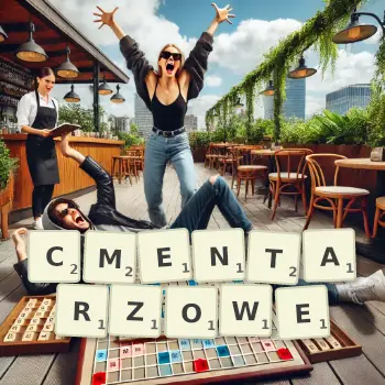 Kreatywna ilustracja do gry w Scrabble ze słowem CMENTARZOWE ułożonym z płytek na planszy.