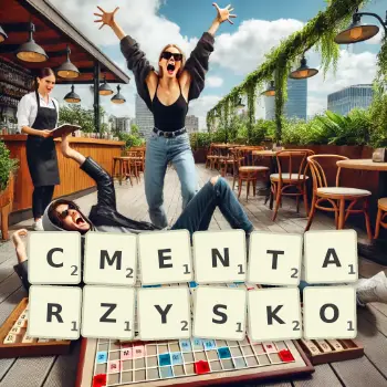 Kreatywna ilustracja do gry w Scrabble ze słowem CMENTARZYSKO ułożonym z płytek na planszy.