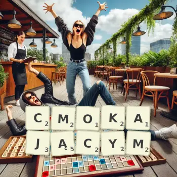 Kreatywna ilustracja do gry w Scrabble ze słowem CMOKAJĄCYM ułożonym z płytek na planszy.