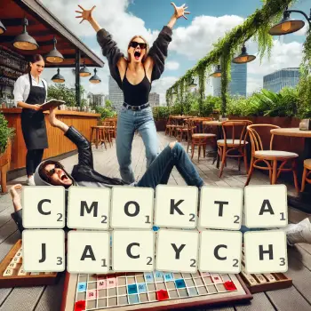 Kreatywna ilustracja do gry w Scrabble ze słowem CMOKTAJACYCH ułożonym z płytek na planszy.