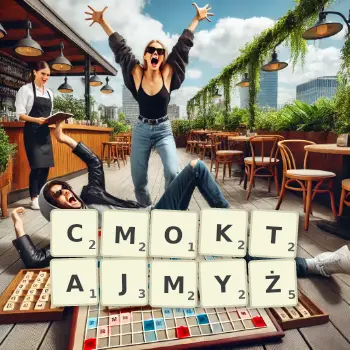 Kreatywna ilustracja do gry w Scrabble ze słowem CMOKTAJMYŻ ułożonym z płytek na planszy.