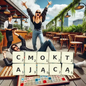 Kreatywna ilustracja do gry w Scrabble ze słowem CMOKTAJĄCĄ ułożonym z płytek na planszy.
