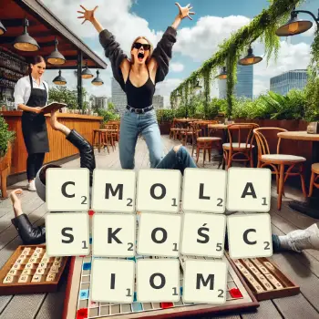 Kreatywna ilustracja do gry w Scrabble ze słowem CMOLASKOŚCIOM ułożonym z płytek na planszy.
