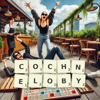 Kreatywna ilustracja do gry w Scrabble ze słowem COCHNELOBY ułożonym z płytek na planszy.