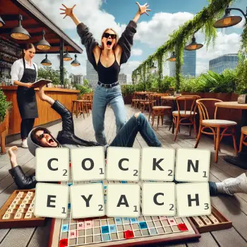 Kreatywna ilustracja do gry w Scrabble ze słowem COCKNEYACH ułożonym z płytek na planszy.
