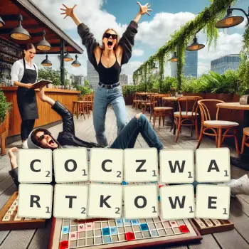 Kreatywna ilustracja do gry w Scrabble ze słowem COCZWARTKOWE ułożonym z płytek na planszy.