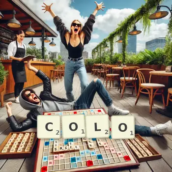 Kreatywna ilustracja do gry w Scrabble ze słowem COLO ułożonym z płytek na planszy.