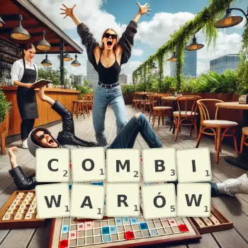Kreatywna ilustracja do gry w Scrabble ze słowem COMBIWARÓW ułożonym z płytek na planszy.