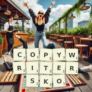 Kreatywna ilustracja do gry w Scrabble ze słowem COPYWRITERSKO ułożonym z płytek na planszy.