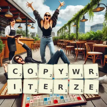 Kreatywna ilustracja do gry w Scrabble ze słowem COPYWRITERZE ułożonym z płytek na planszy.