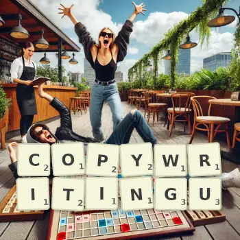 Kreatywna ilustracja do gry w Scrabble ze słowem COPYWRITINGU ułożonym z płytek na planszy.