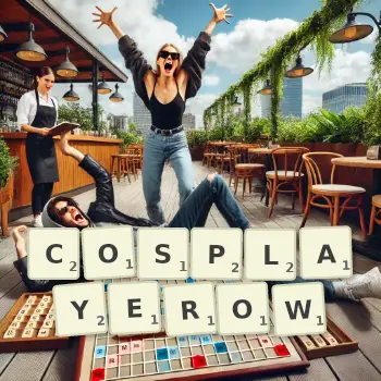 Kreatywna ilustracja do gry w Scrabble ze słowem COSPLAYEROW ułożonym z płytek na planszy.