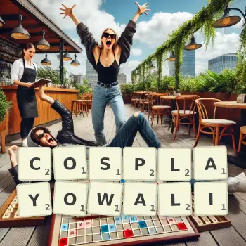 Kreatywna ilustracja do gry w Scrabble ze słowem COSPLAYOWALI ułożonym z płytek na planszy.