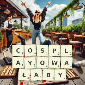 Kreatywna ilustracja do gry w Scrabble ze słowem COSPLAYOWAŁABY ułożonym z płytek na planszy.