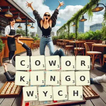 Kreatywna ilustracja do gry w Scrabble ze słowem COWORKINGOWYCH ułożonym z płytek na planszy.