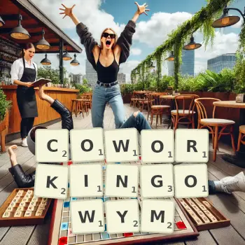 Kreatywna ilustracja do gry w Scrabble ze słowem COWORKINGOWYM ułożonym z płytek na planszy.
