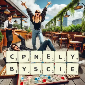 Kreatywna ilustracja do gry w Scrabble ze słowem CPNELYBYSCIE ułożonym z płytek na planszy.