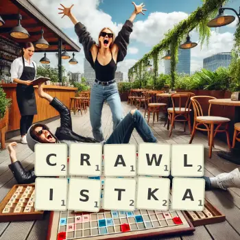 Kreatywna ilustracja do gry w Scrabble ze słowem CRAWLISTKA ułożonym z płytek na planszy.